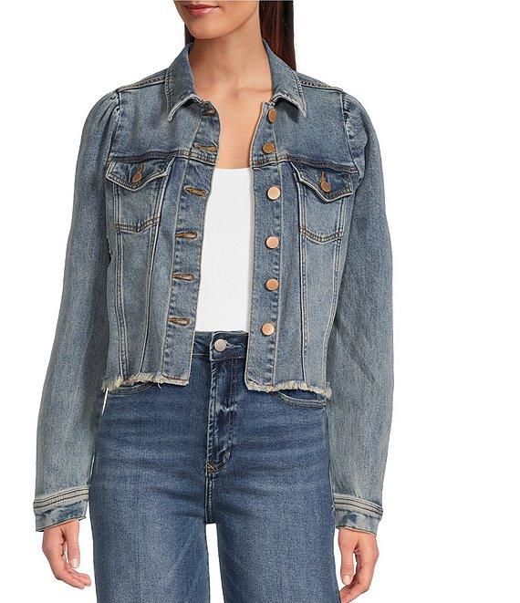 Dear John Roselyn Point Collar Puff Shoulder Long Sleeve Denim Jacket Product Image