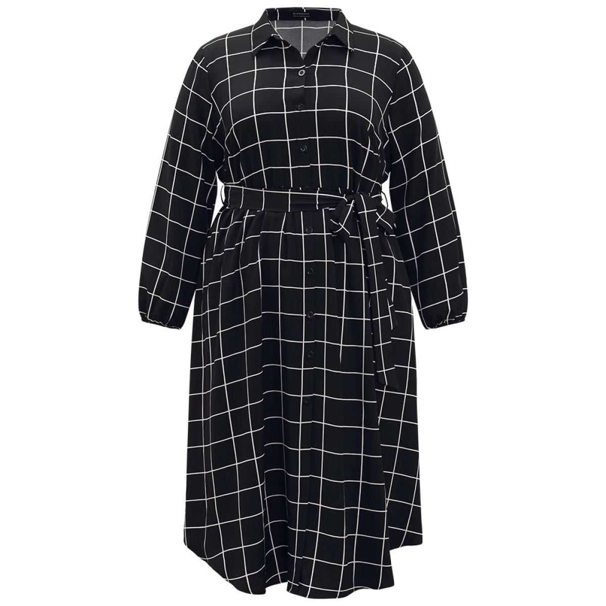 Plus Size Plaid Shirt Collar Belted Lantern Sleeve Dress Black Women At the Office Elastic cuffs Shirt collar Long Sleeve Curvy Midi Dress BloomChic 14-16/1X Product Image