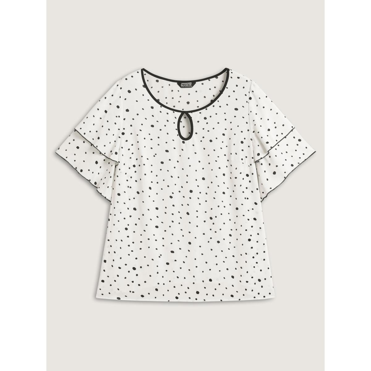 Plus Size Originalwhite Polka Dots Contrast Layered Sleeve Blouse Women Office Short sleeve Round Neck Office Blouses BloomChic 30/6X Product Image