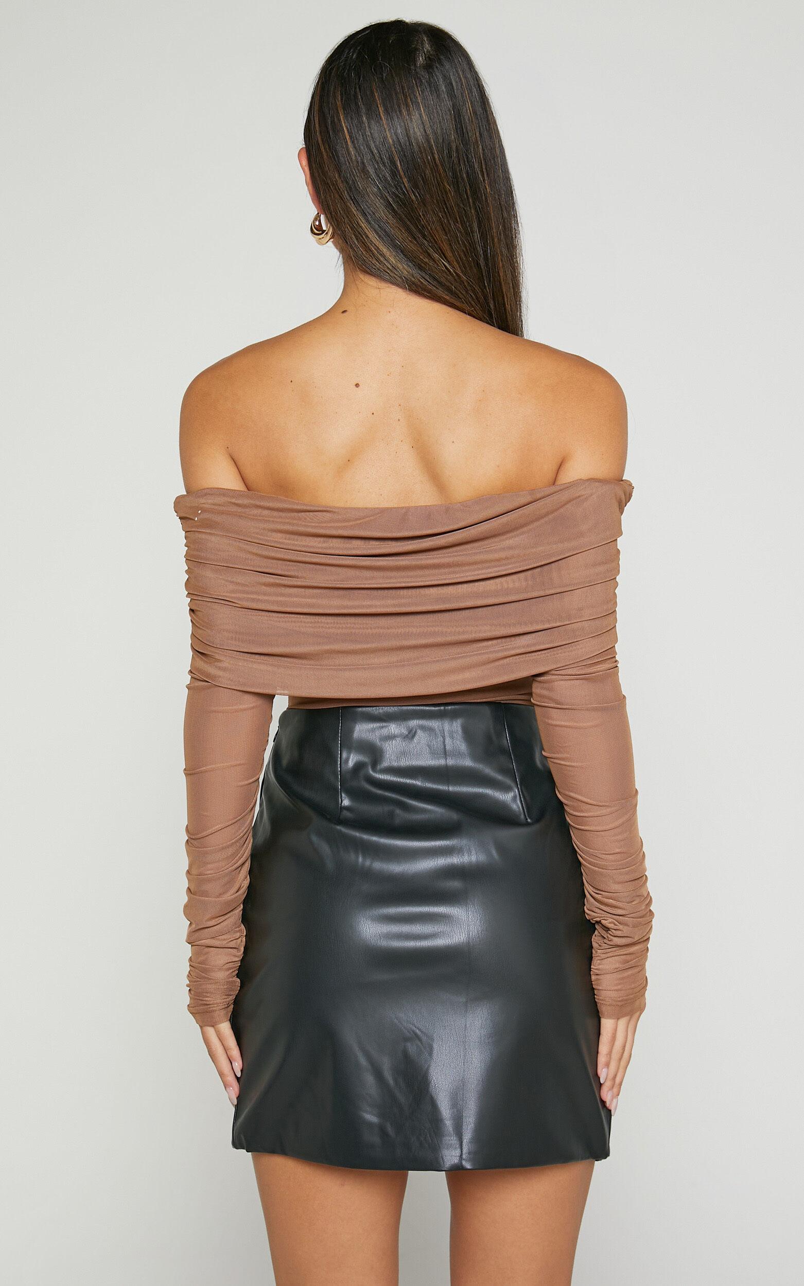 Jaythen Bodysuit - Long Sleeve Off Shoulder Ruched Mesh Bodysuit in Mocha Product Image