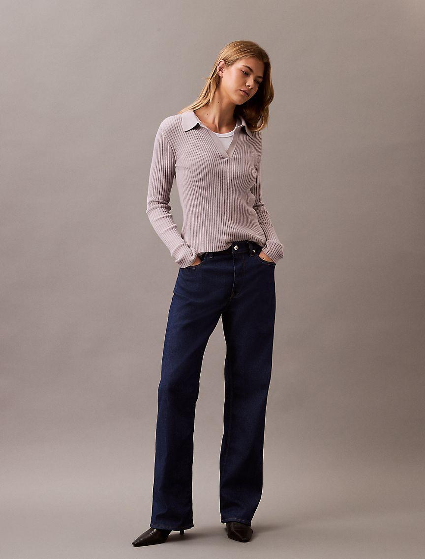 Smooth Cotton Rib Long Sleeve Polo Sweater Product Image