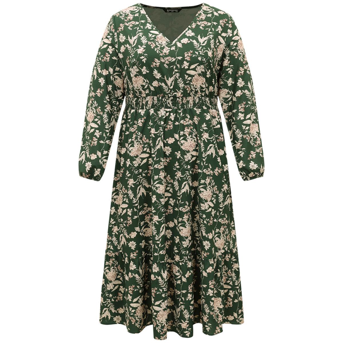 Plus Size Floral Shirred Pocket Lantern Sleeve Dress DarkGreen Women Elegant Elastic cuffs V-neck Long Sleeve Curvy Midi Dress BloomChic 14-16/1X Product Image