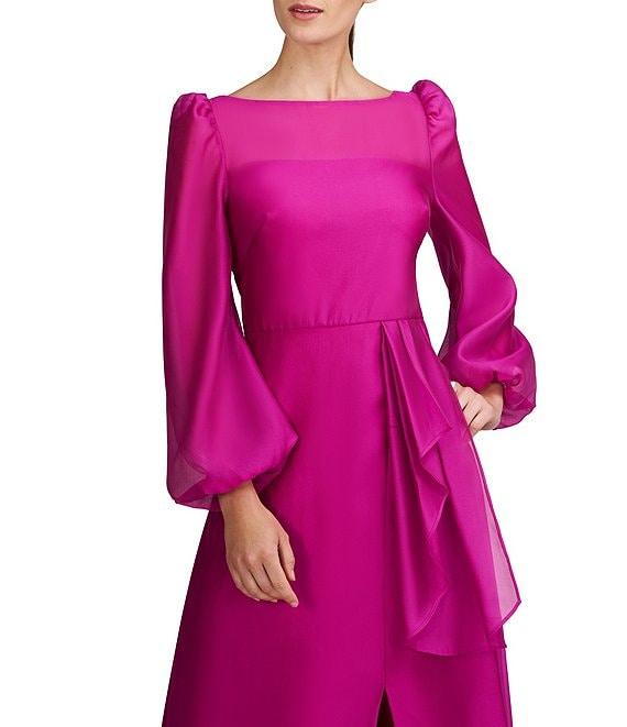Kay Unger Sydney Illusion Boat Neck V-Back Textured Organza Bishop Sleeve Gown Product Image