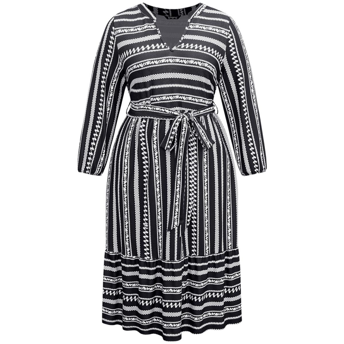 Plus Size Striped Notched Belted Lantern Sleeve Dress Black Women Casual Elastic cuffs Notched collar Long Sleeve Curvy Midi Dress BloomChic 18-20/2X Product Image