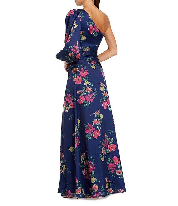 Mac Duggal Floral One Shoulder One Long Sleeve High Front Slit Gown Product Image