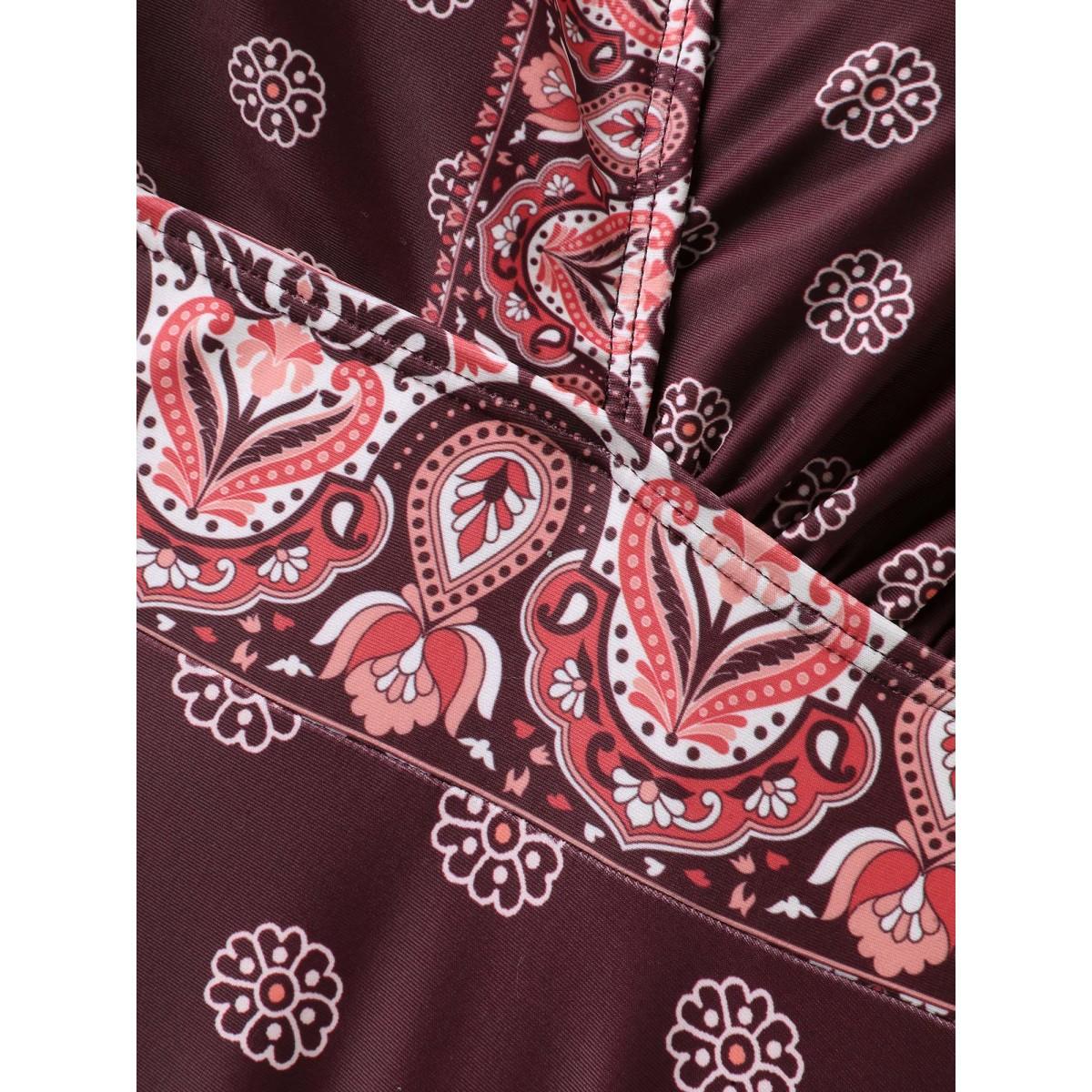 Plus Size Boho Print Surplice Neck Swim Top Women's Swimwear Plum Resort Patchwork High stretch Bodycon Overlap Collar Curve Swim Tops BloomChic 30/6X Product Image