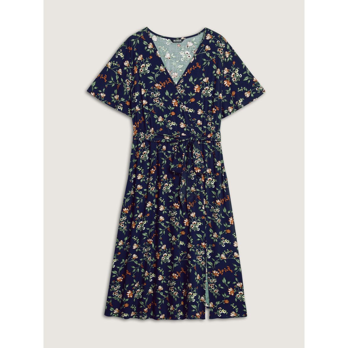 Plus Size Rayon Floral Side-Tie Stretchy Midi Dress Indigo Women Timeless Overlap Collar Short sleeve Curvy BloomChic 26/4X Product Image