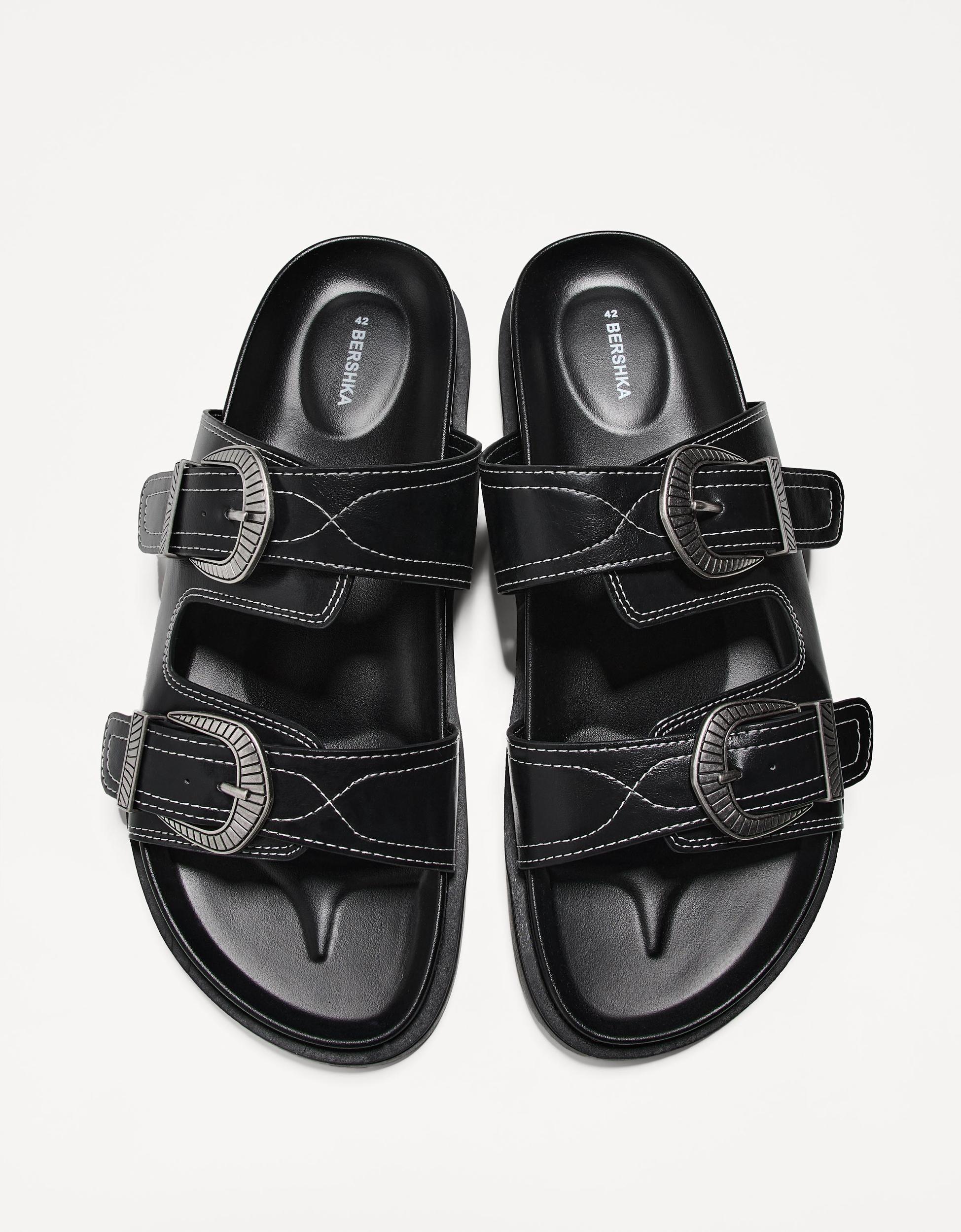 buckled flat slider sandals Product Image