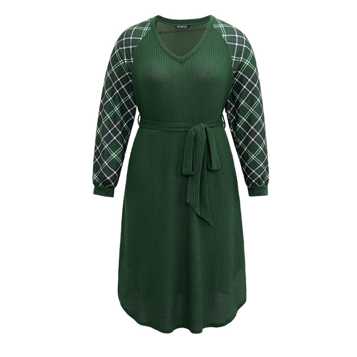 Plus Size Waffle Knit Plaid Patchwork Belted Dress DarkGreen Women Elegant Belted V-neck Long Sleeve Curvy Midi Dress BloomChic 10/M Product Image