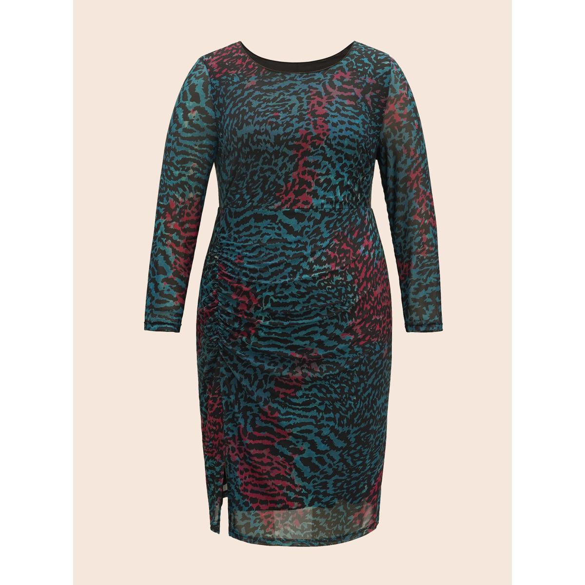Plus Size Leopard Print Ruched Split Hem Dress Aegean Women Elegant Gathered Round Neck Long Sleeve Curvy BloomChic 10/M Product Image