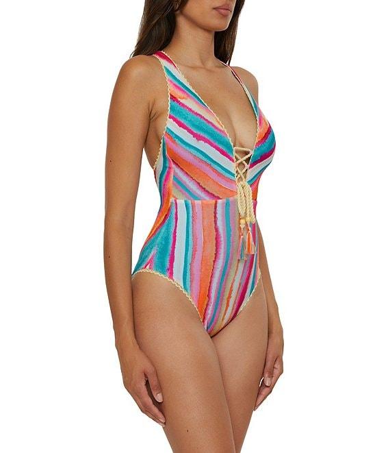 Lucky Brand Porto Covo Water Color Placement Print Plunge One Piece Swimsuit Product Image
