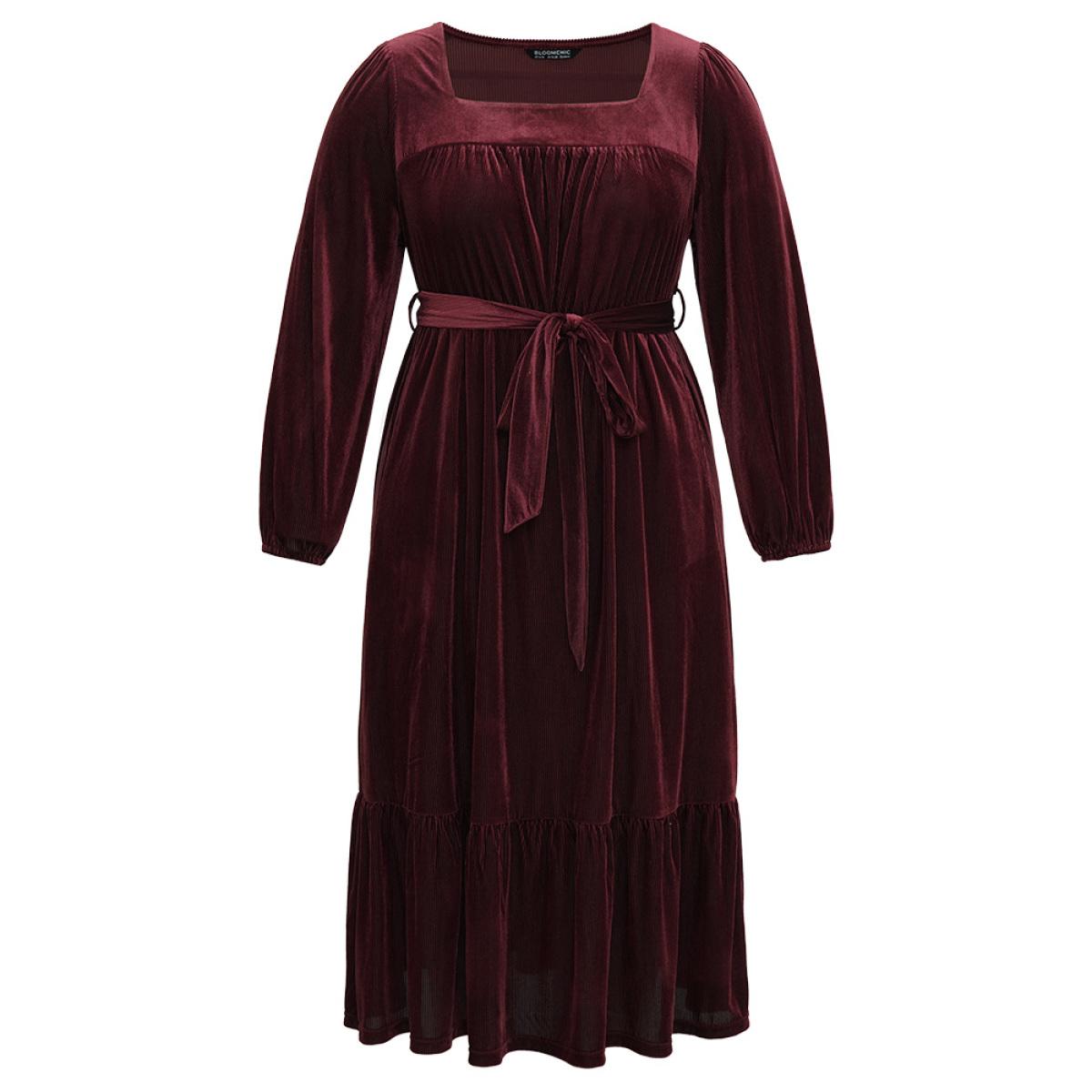 Plus Size Velvet Belted Square Neck Gathered Dress Russet Women Glamour Velvet Square Neck Long Sleeve Curvy Midi Dress BloomChic 14-16/1X Product Image