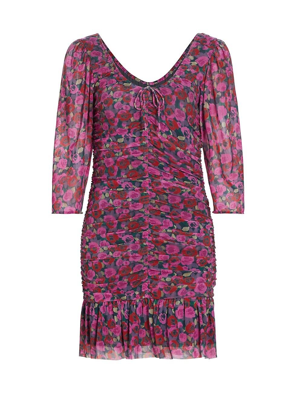 Womens Floral Mesh Ruched Minidress Size 0 Product Image