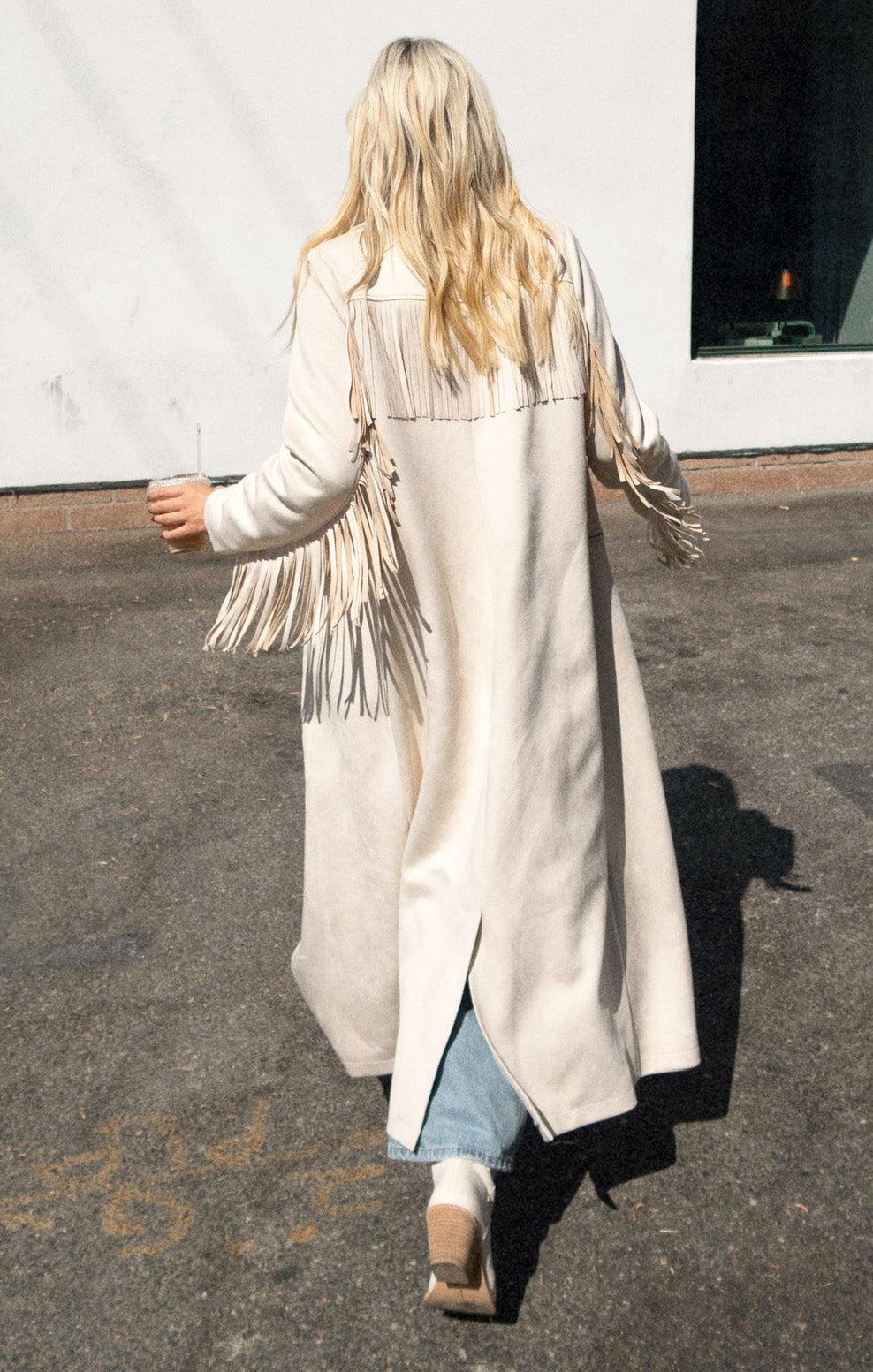 Sierra Fringe Maxi Jacket ~ Cream Faux Suede Product Image