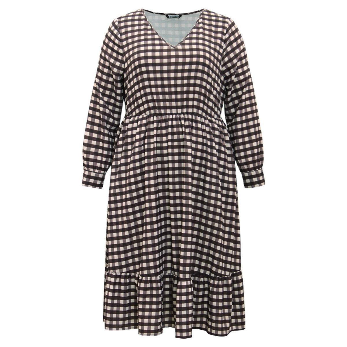 Plus Size Gingham Pocket Elastic Waist Ruffle Hem Dress DarkBrown Women Casual Printed V-neck Long Sleeve Curvy Midi Dress BloomChic 18-20/2X Product Image