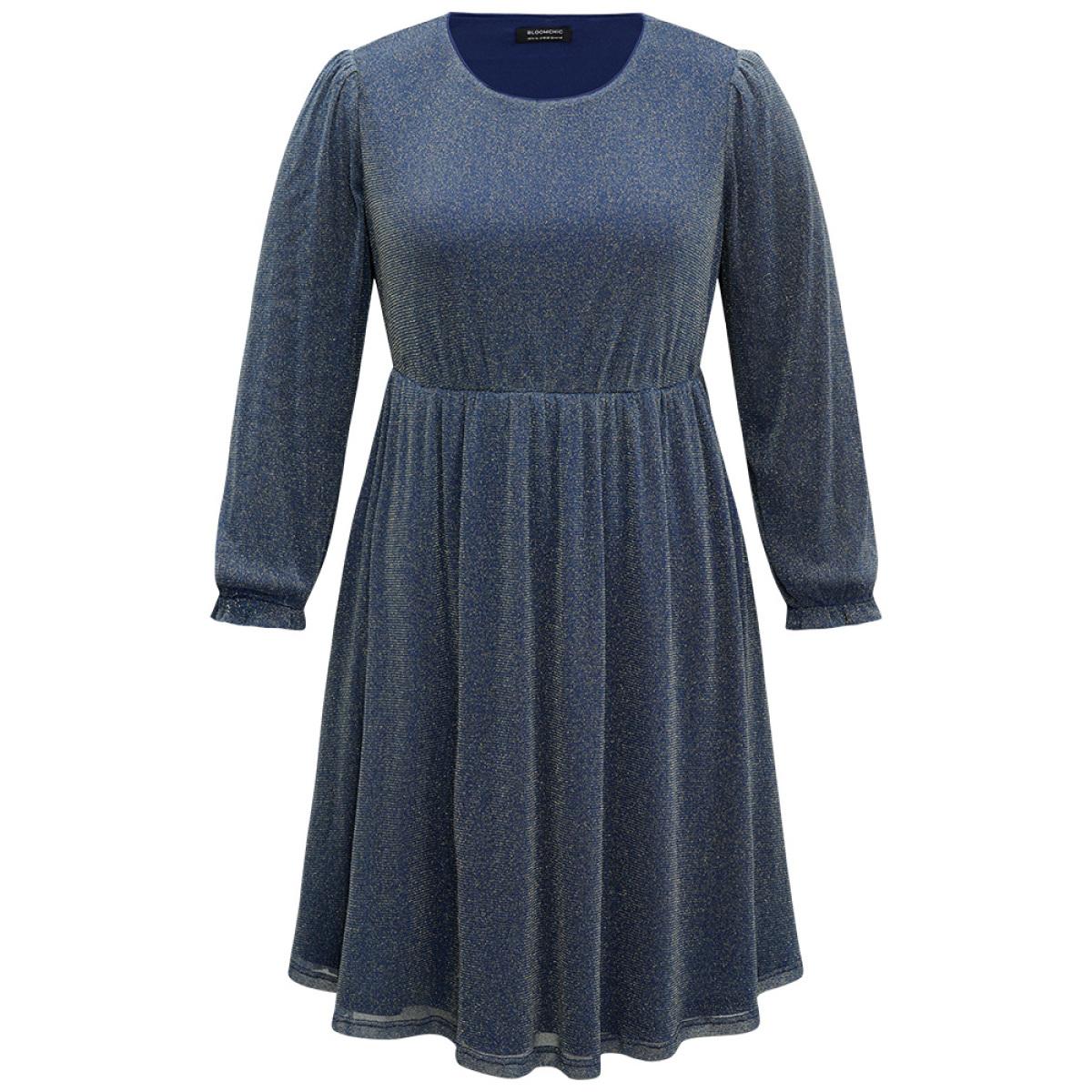 Plus Size Glitter Crew Neck Pocket Pleated Dress Aegean Women Party Elastic cuffs Round Neck Long Sleeve Curvy Midi Dress BloomChic 30/6X Product Image