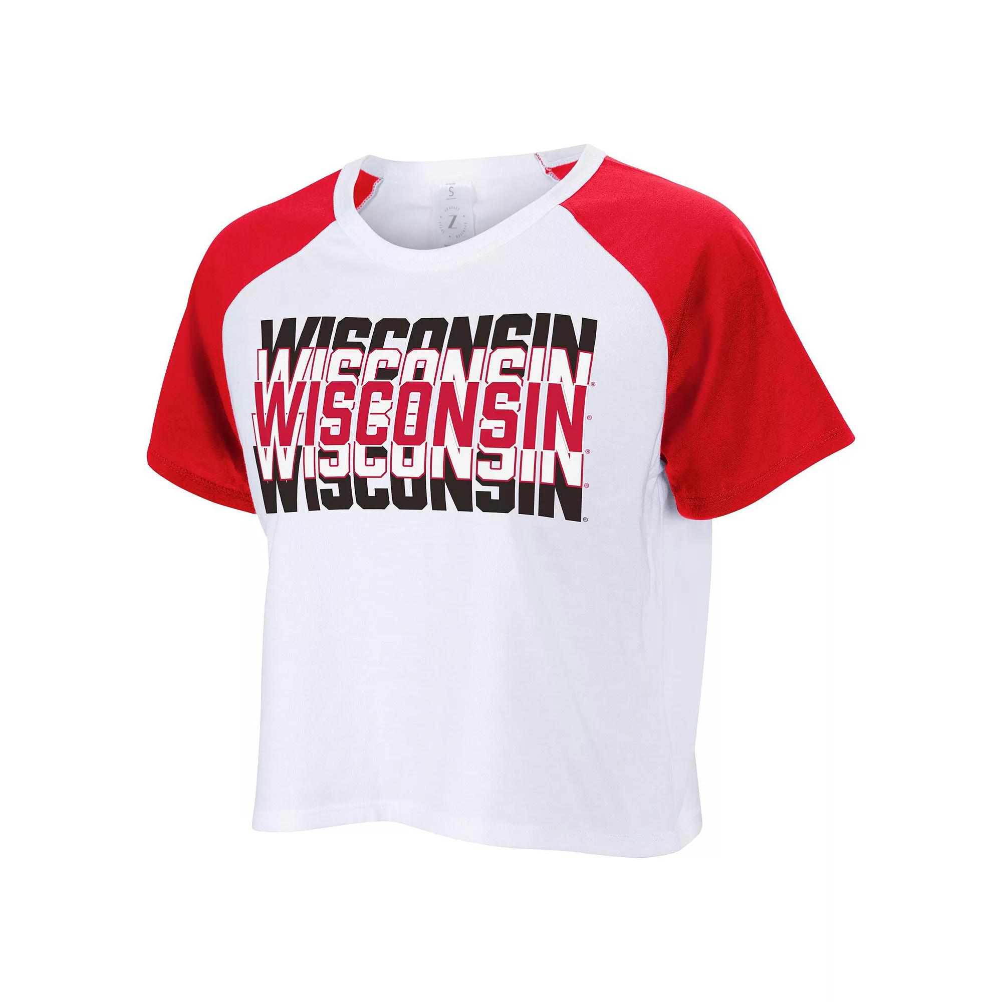 Women's ZooZatz White Wisconsin Badgers Colorblock Repeat Raglan Cropped T-Shirt, Size: Medium Product Image