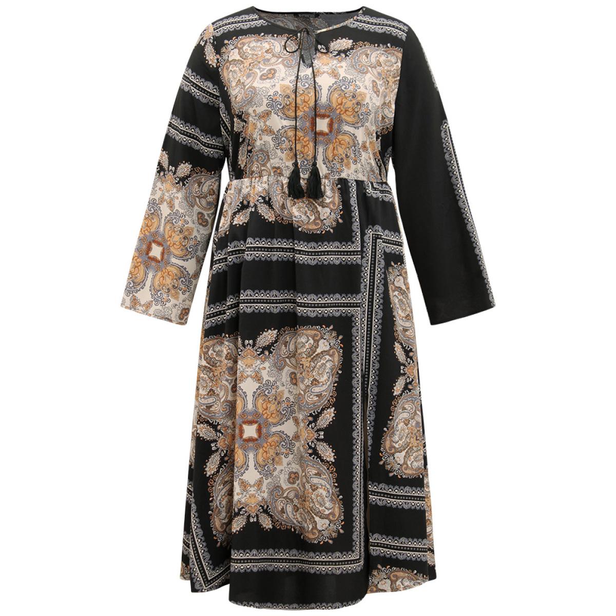 Plus Size Bandana Print Split Side Tassels Ties Dress Black Women Vacation Tassels Tie Neck Long Sleeve Curvy Midi Dress BloomChic 22-24/3X Product Image