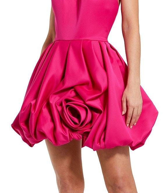 Mac Duggal Satin Mock Neck Sleeveless Ruched Rosette Bubble Hem Mini Dress Product Image