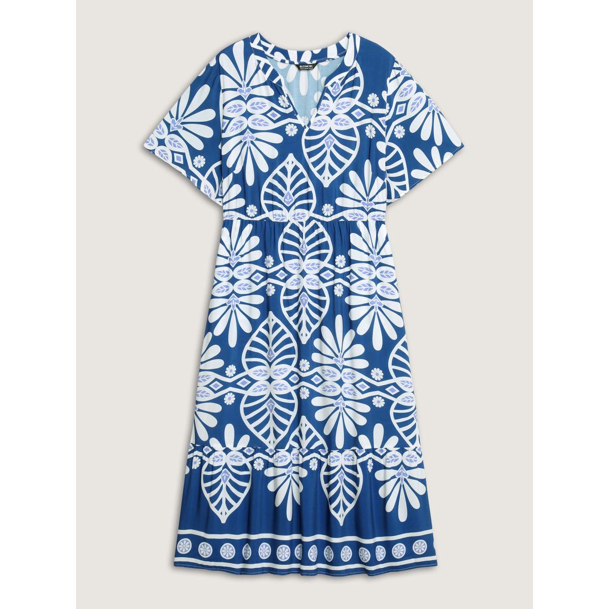 Plus Size Rayon Ornate Print Cinched-Waist Midi Dress Indigo Women V-neck Short sleeve Curvy BloomChic 18-20/2X Product Image