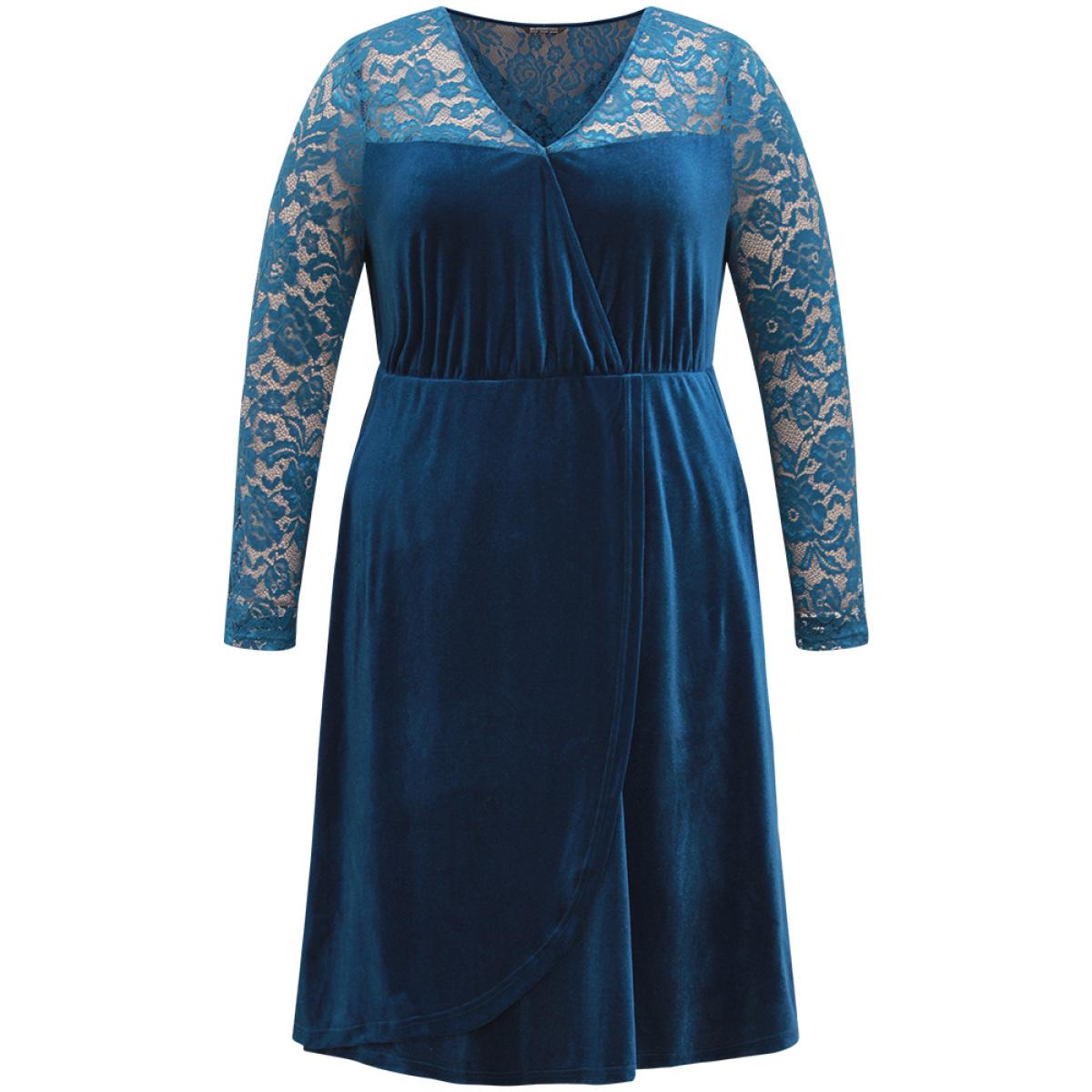 Plus Size Velvet Guipure Lace Wrap Dress Aegean Women Glamour Wrap Overlap Collar Long Sleeve Curvy Knee Dress BloomChic 18-20/2X Product Image