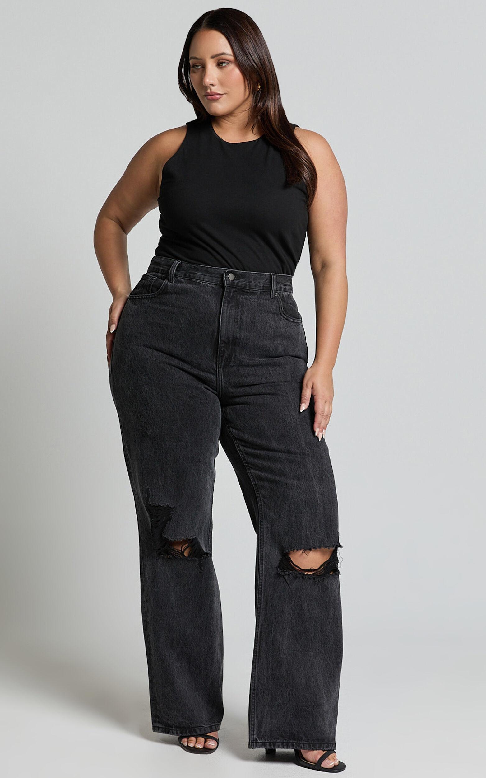 Miho Jeans - High Waisted Recycled Cotton Distressed Straight Leg Denim Jeans in Washed Black Product Image