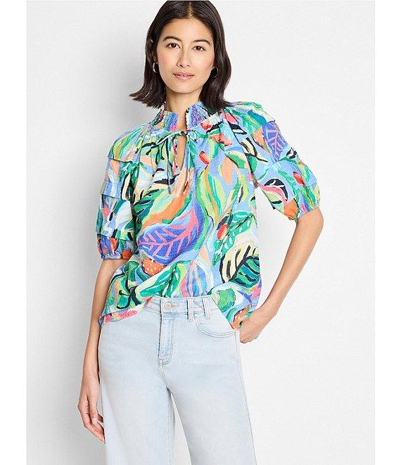 NIC + ZOE Island Tropical Beat Smocked Neck Pleated Short Puff Sleeve Top Product Image