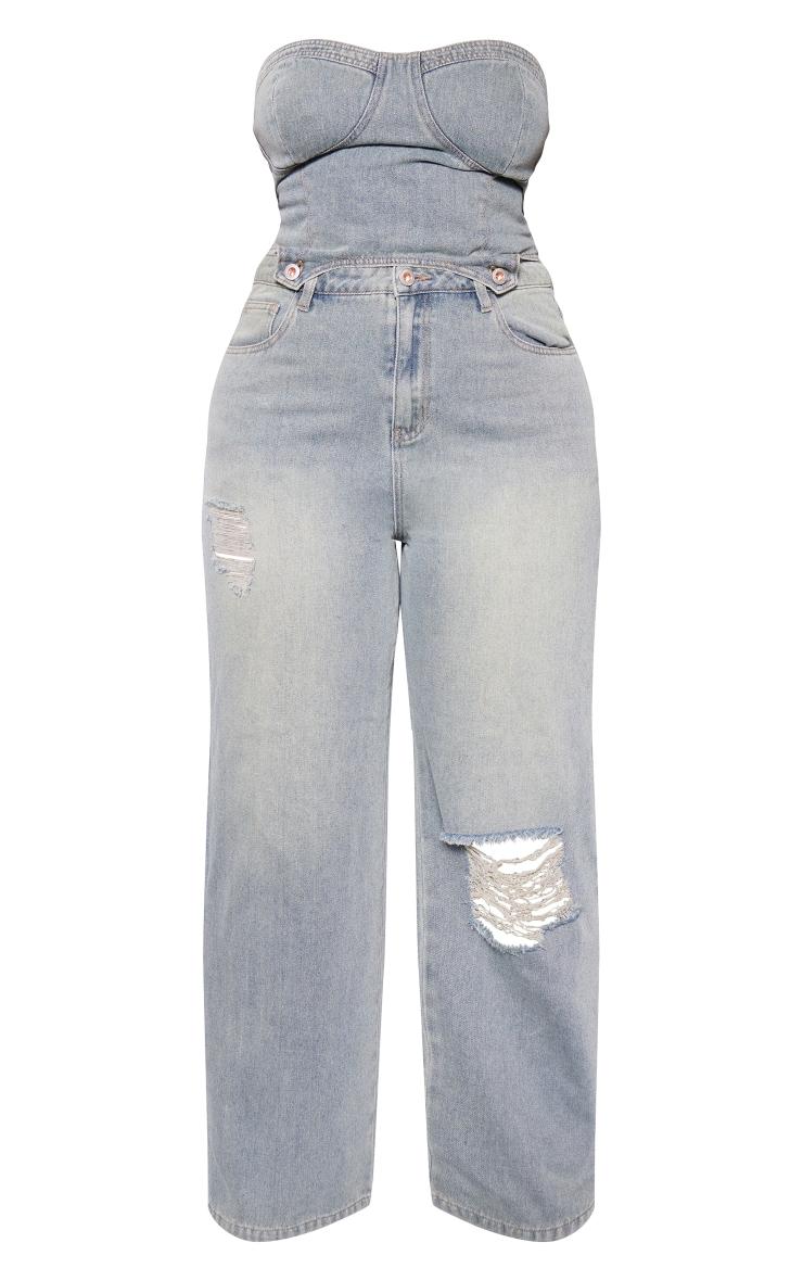 Plus Vintage Wash Detachable Bandeau Denim Jumpsuit Product Image