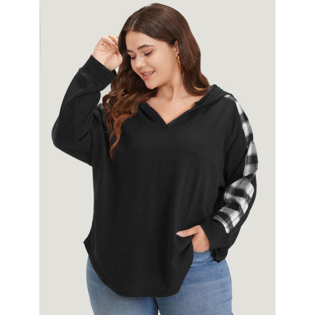 Plus Size Plaid Patchwork Hooded Plisse Sweatshirt Women Black Casual Elastic cuffs Hooded Everyday Sweatshirts BloomChic 12/L Product Image