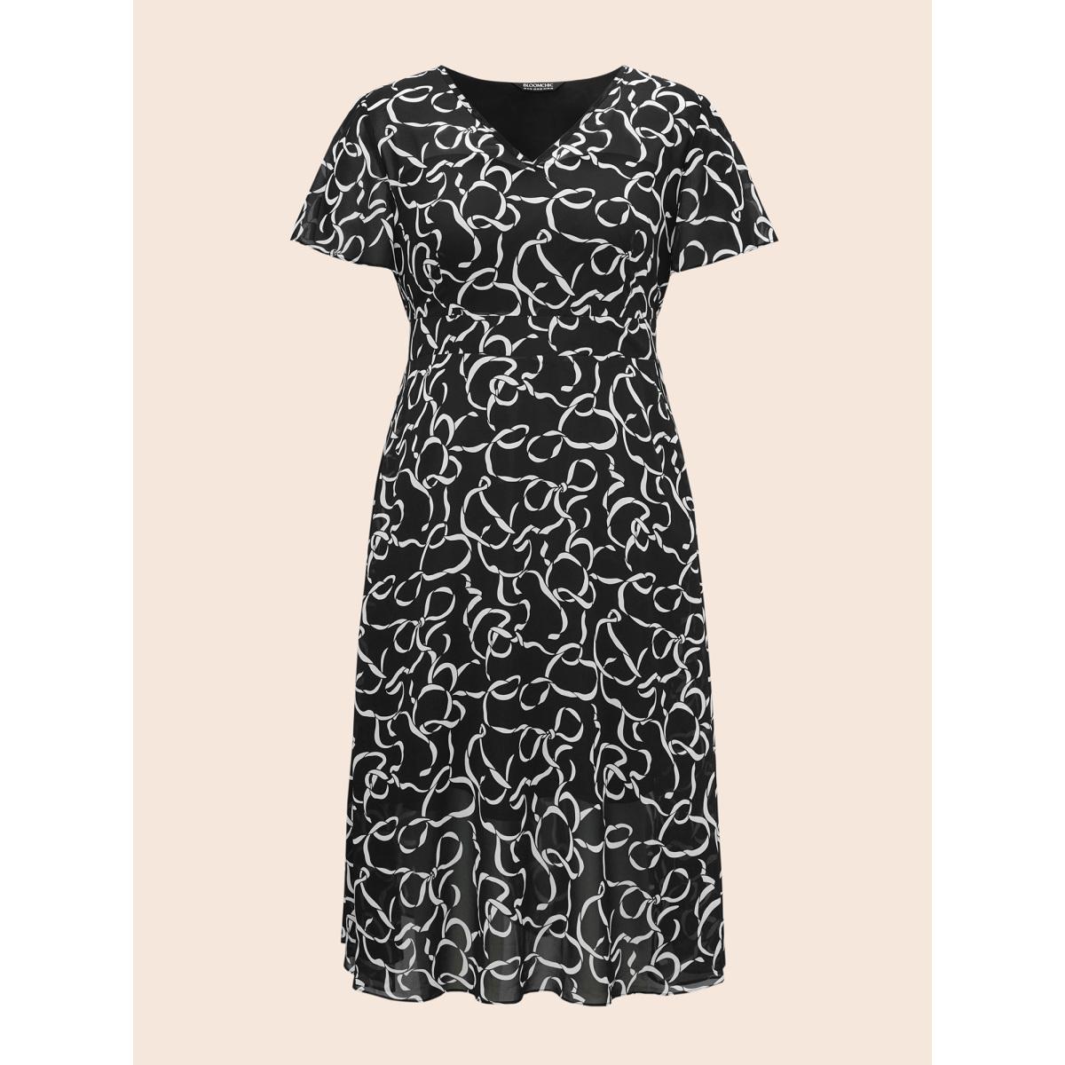 Plus Size Chiffon Bowknot Print Ruffle Sleeve Midi Dress Black Women Elegant See through V-neck Short sleeve Curvy BloomChic 10/M Product Image