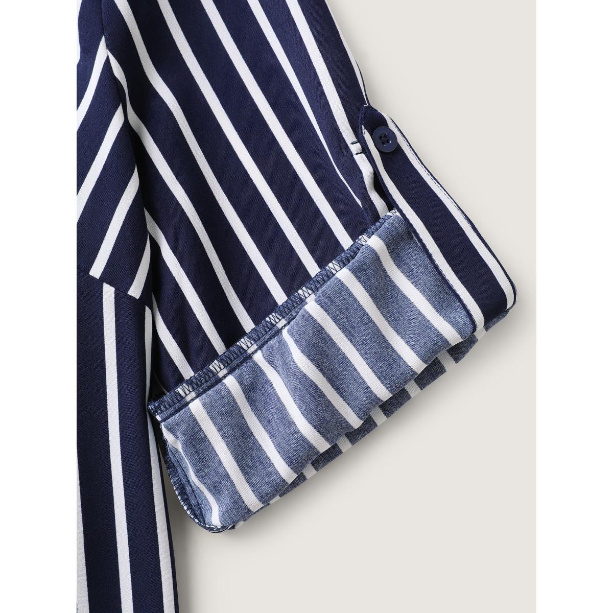 Plus Size DarkBlue Stripe Print Zipper Folded Sleeve Blouse Women Office Elbow-length sleeve Shirt collar Office Blouses BloomChic 12/L Product Image