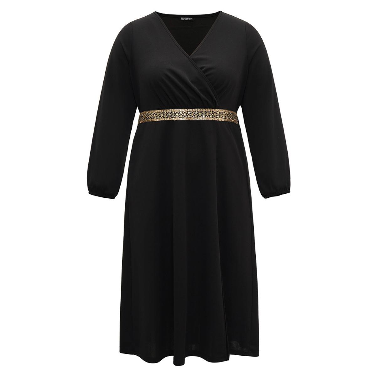 Plus Size Contrast Webbing Wrap Pocket Split Hem Dress Black Women Glamour Elastic cuffs V-neck Long Sleeve Curvy Midi Dress BloomChic 18-20/2X Product Image
