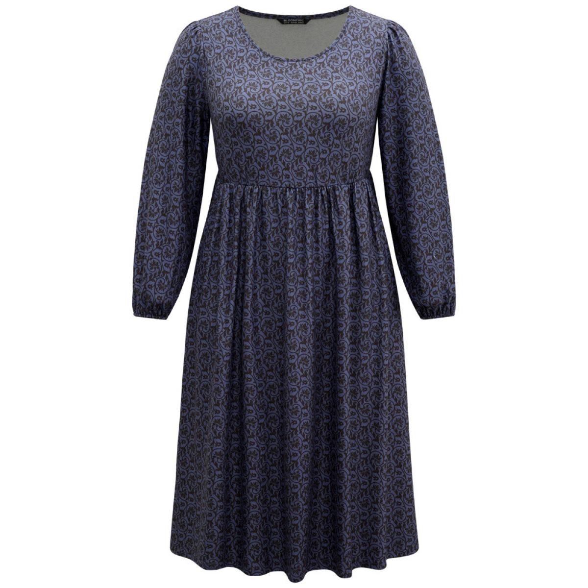 Plus Size Geometric Elastic Waist Pocket Gathered Dress DarkBlue Women Office Elastic cuffs Round Neck Long Sleeve Curvy Midi Dress BloomChic 30/6X Product Image