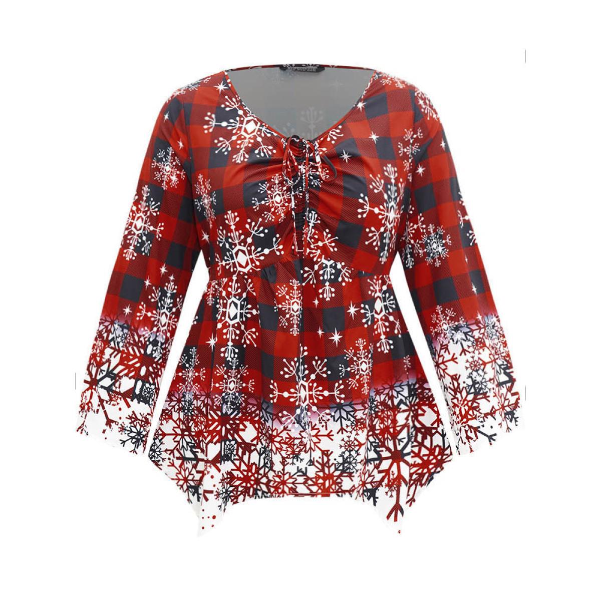 Plus Size Scarlet Oh-so-Chilly Plaid Ties Hanky Hem Blouse Women Elegant Long Sleeve V-neck Festival-Christmas Blouses BloomChic 28/5X Product Image