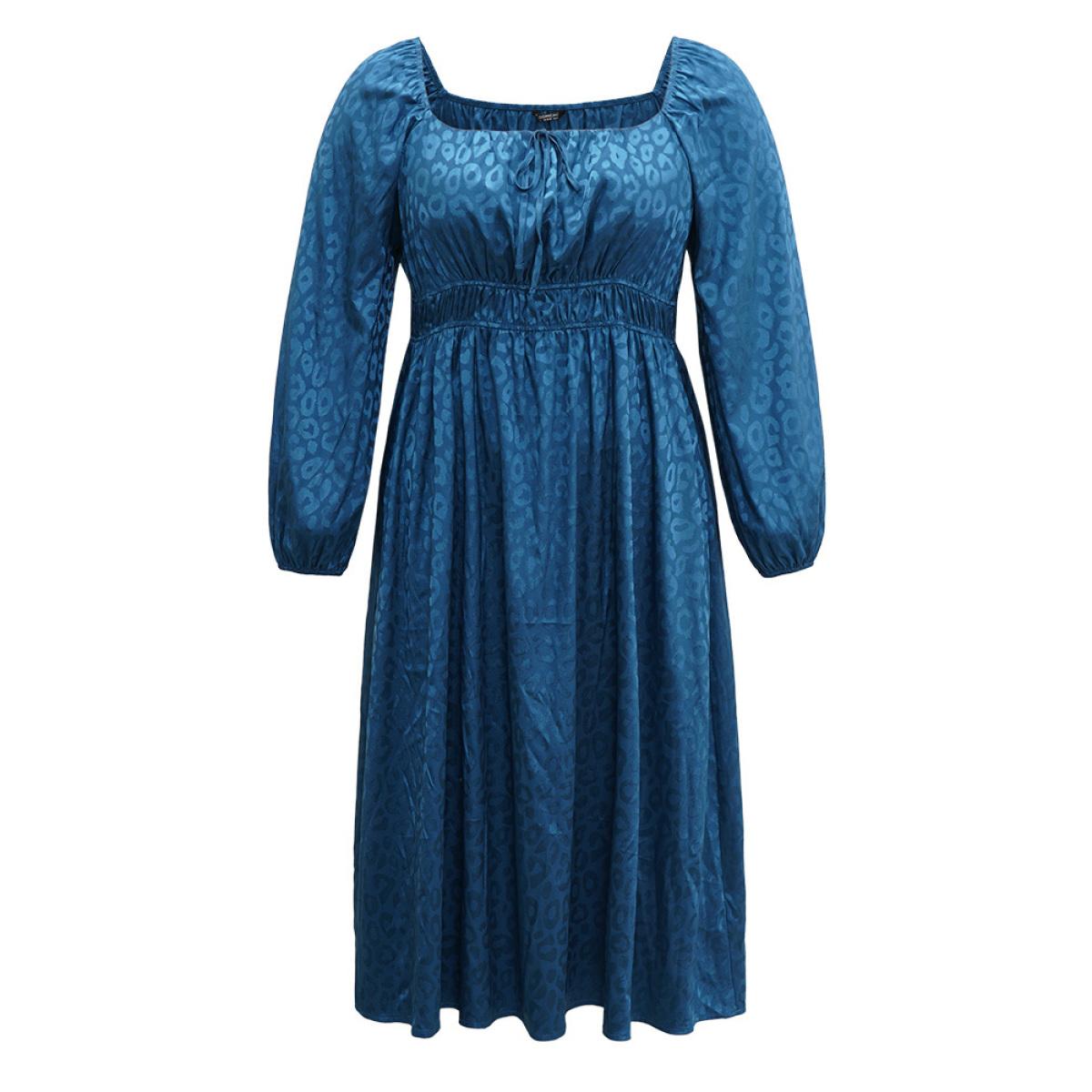 Plus Size Leopard Print Square Neck Shirred Gathered Dress Aegean Women Party Elastic cuffs Square Neck Long Sleeve Curvy Midi Dress BloomChic 22-24/3X Product Image