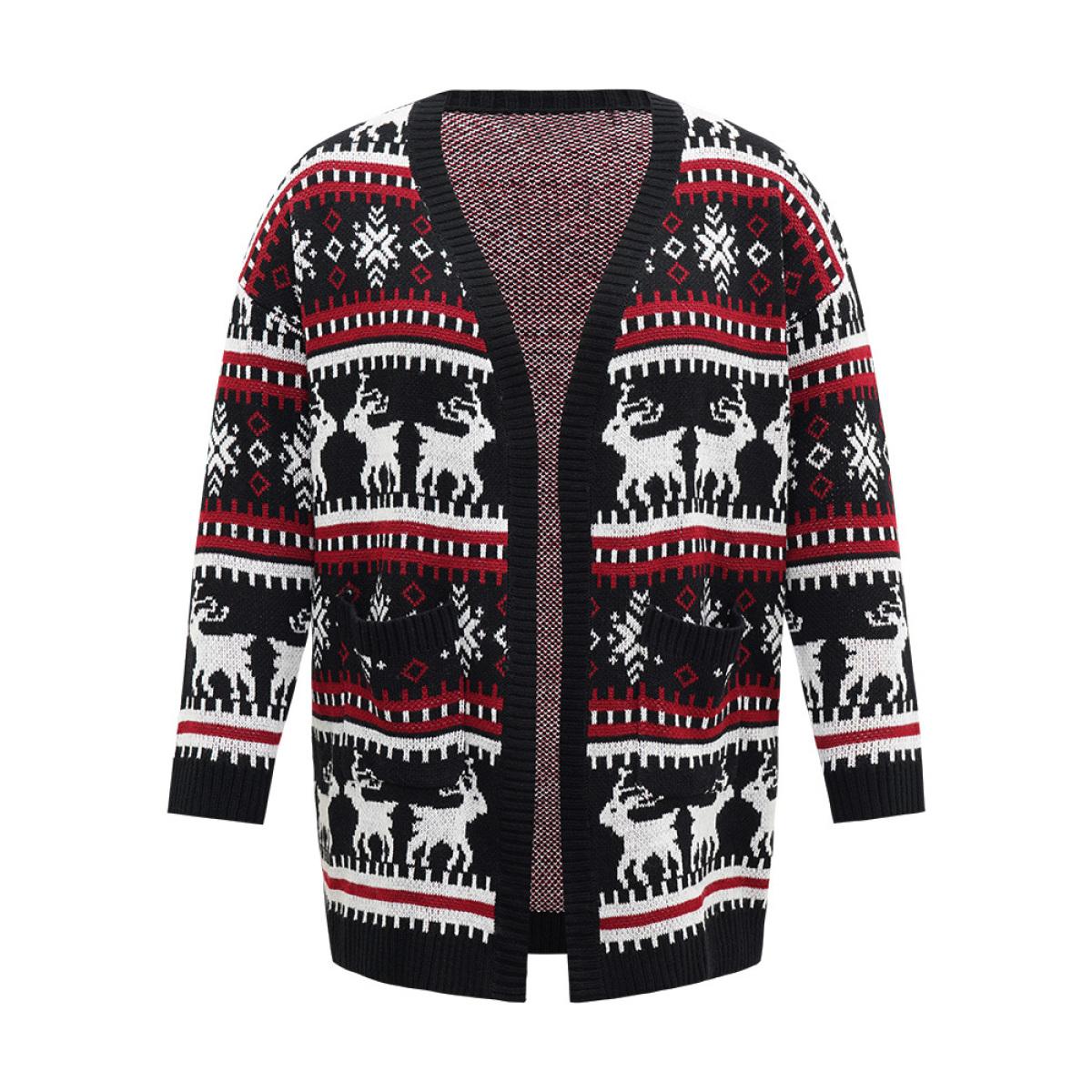 Plus Size Christmas Elk Open Front Pocket Cardigan Black Women Casual Loose Long Sleeve Festival-Christmas Cardigans BloomChic 14-16/1X Product Image