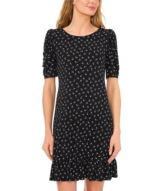 CeCe Crew Neck Short Puffed Sleeve Polka Dot Dress Product Image