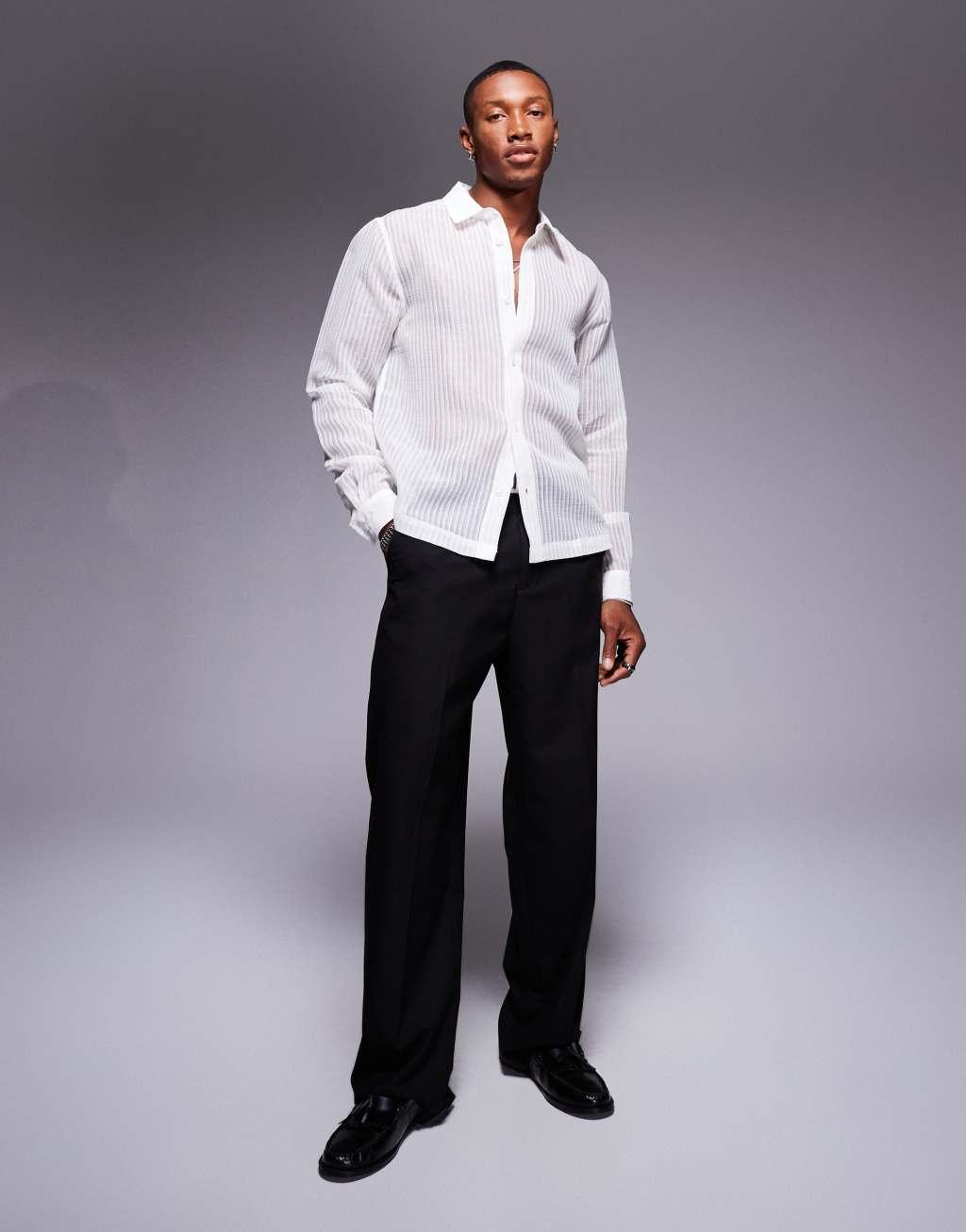 ASOS DESIGN slim fit shirt in sheer striped mesh in white Product Image