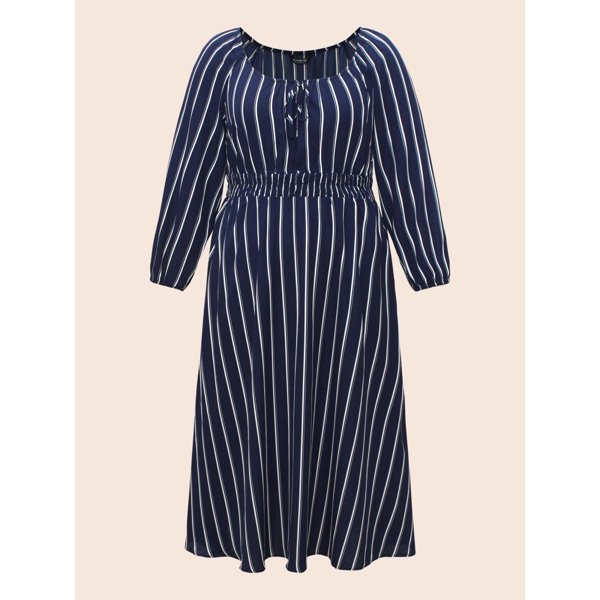 Plus Size Striped Shirred Lantern Sleeve Maxi Dress DarkBlue Women Elegant Tie knot U-neck Long Sleeve Curvy BloomChic 14-16/1X Product Image