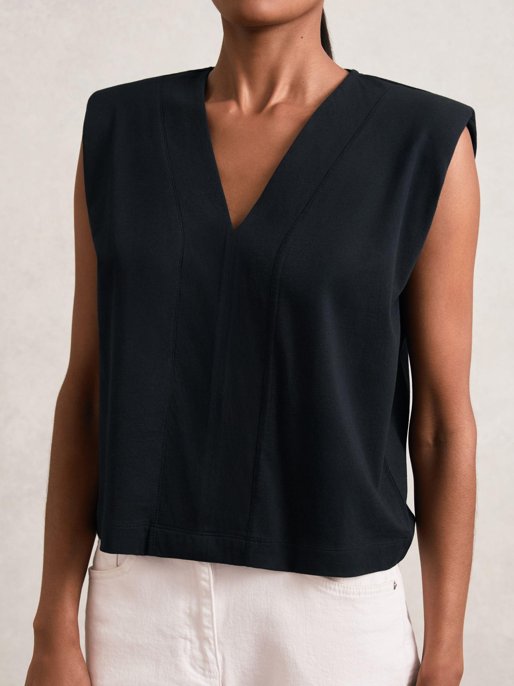 Cotton Shoulder-Pad V-Neck Top in Navy Product Image
