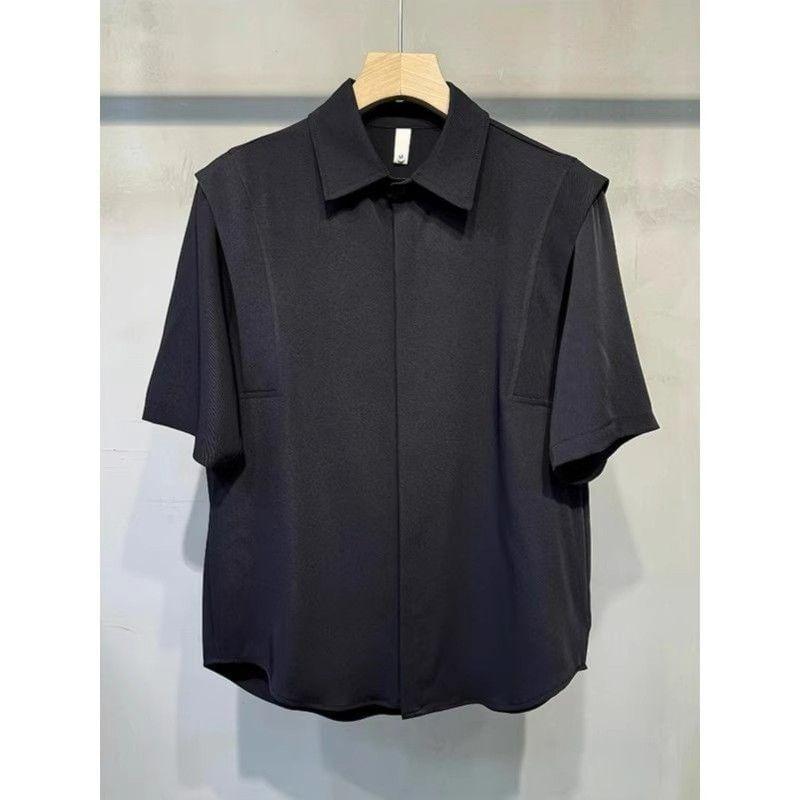 Short Sleeve Collared Plain Panel Shirt Product Image