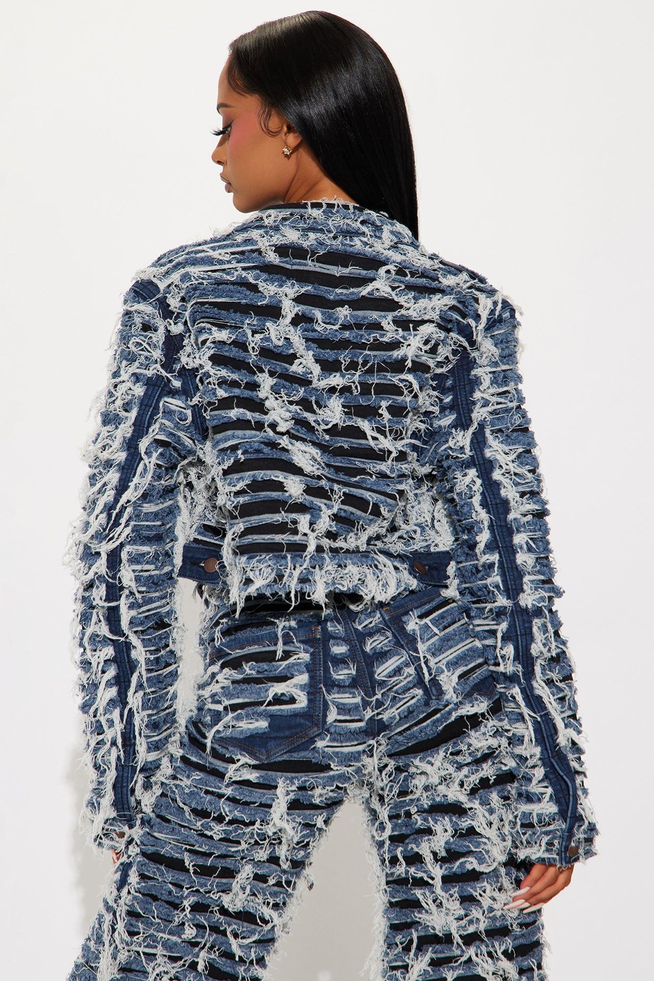 Courtside Shredded Denim Jacket - Dark Wash Product Image