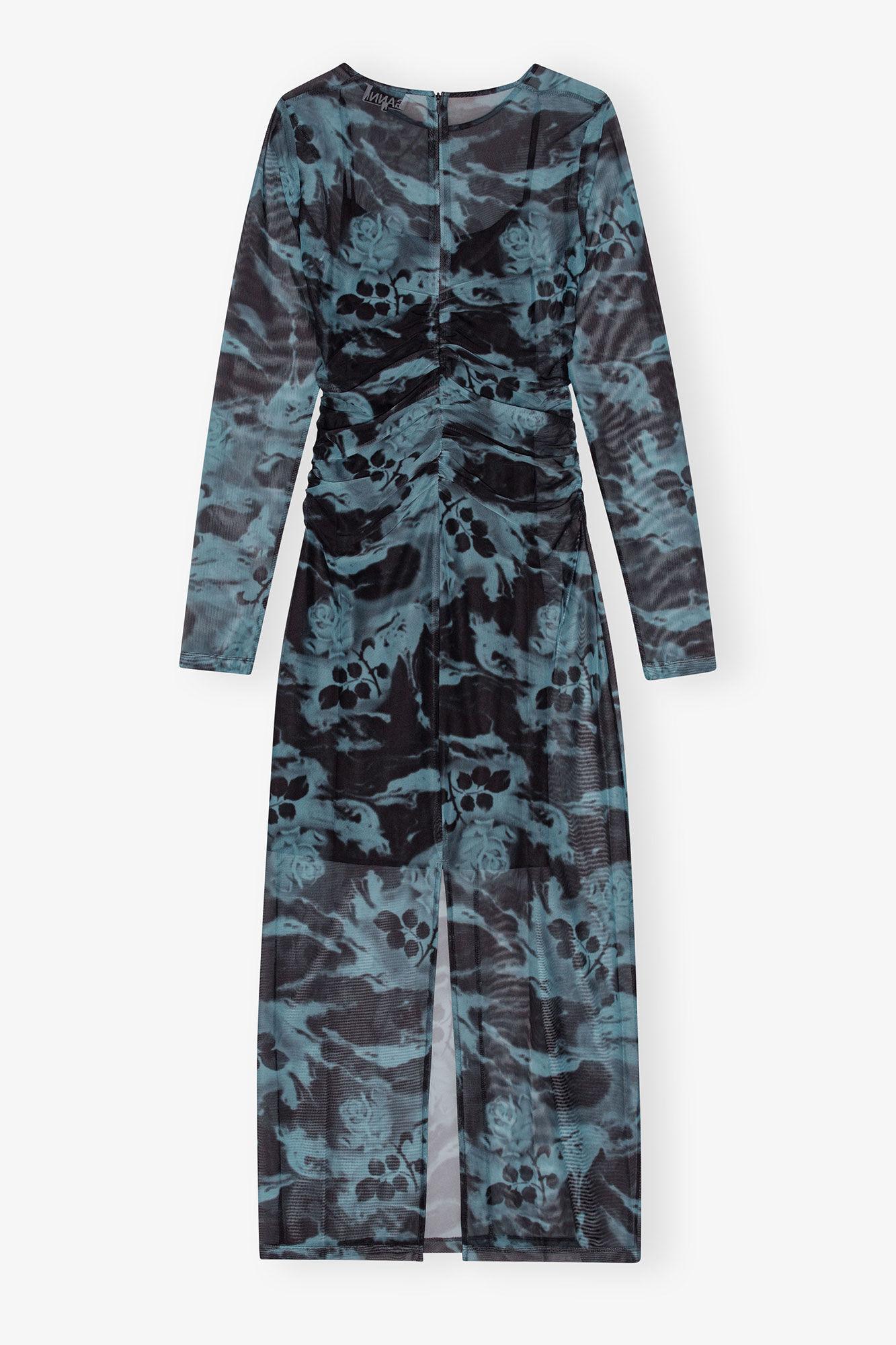 Blue Printed Mesh O-neck Ruched Long Dress Product Image