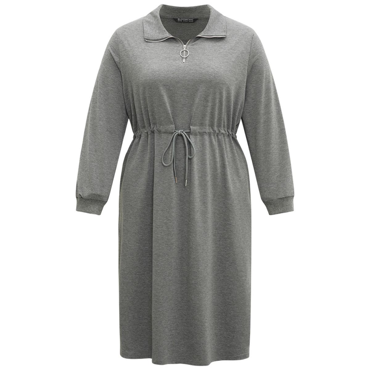 Plus Size Rib Knit Split Hem Drawstring Zipper Dress DimGray Women Casual Plain Lapel Collar Long Sleeve Curvy Midi Dress BloomChic 26/4X Product Image