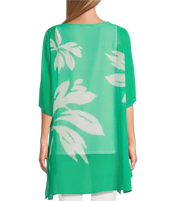 Slim Factor by Investments Simply Green Ikat Flower Placement Print Boat Neck 3/4 Sleeve Lined Tunic Product Image