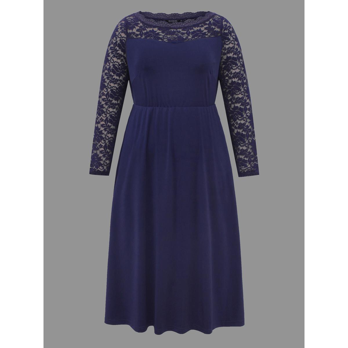 Plus Size Boat Neck Floral Crochet Lace Mesh Dress Indigo Women Cocktail Woven ribbon&lace trim Party Curvy Bloomchic 28/5X Product Image