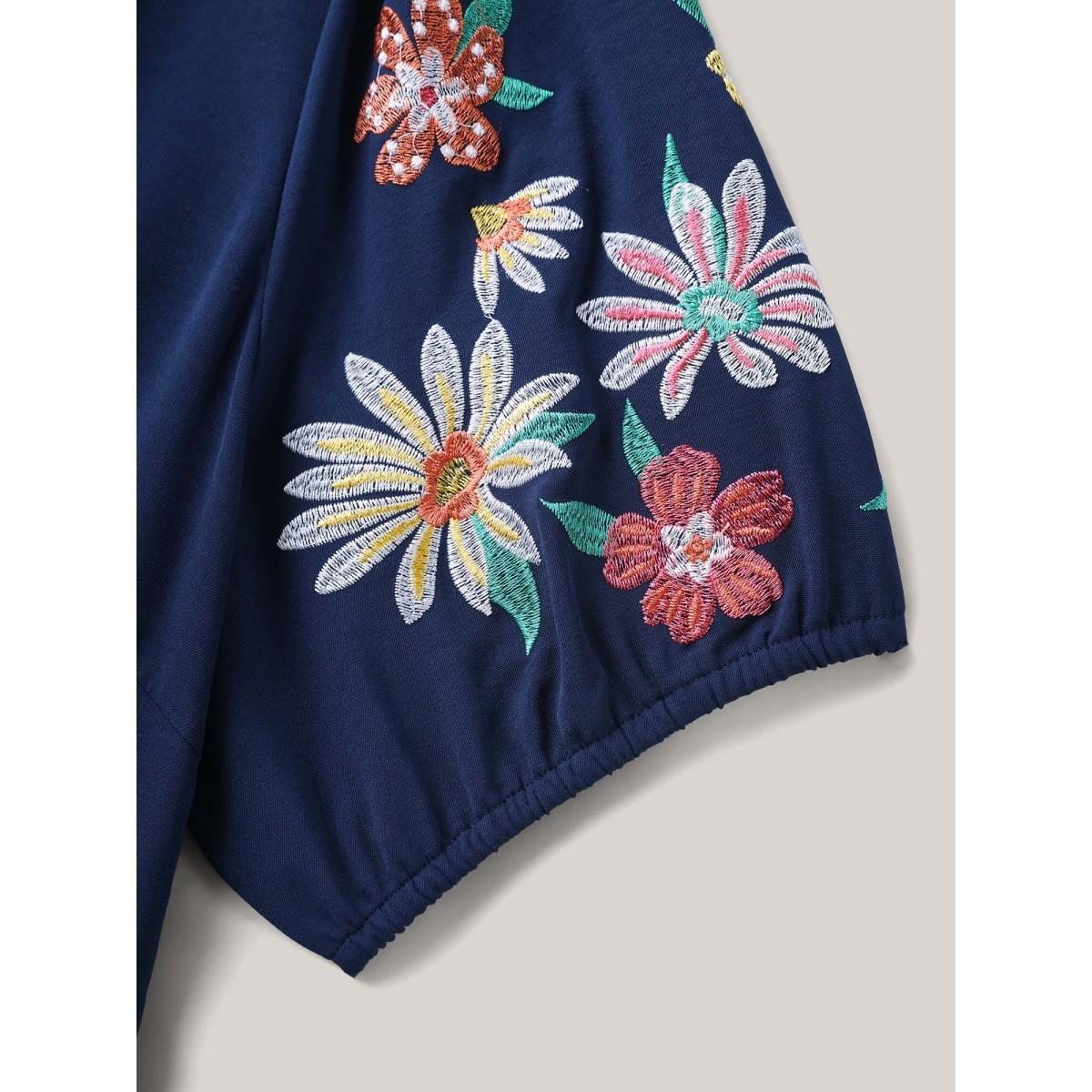 Plus Size Floral Embroidered Neck Tie Midi Dress Indigo Women Notched collar Short sleeve Curvy BloomChic 22-24/3X Product Image