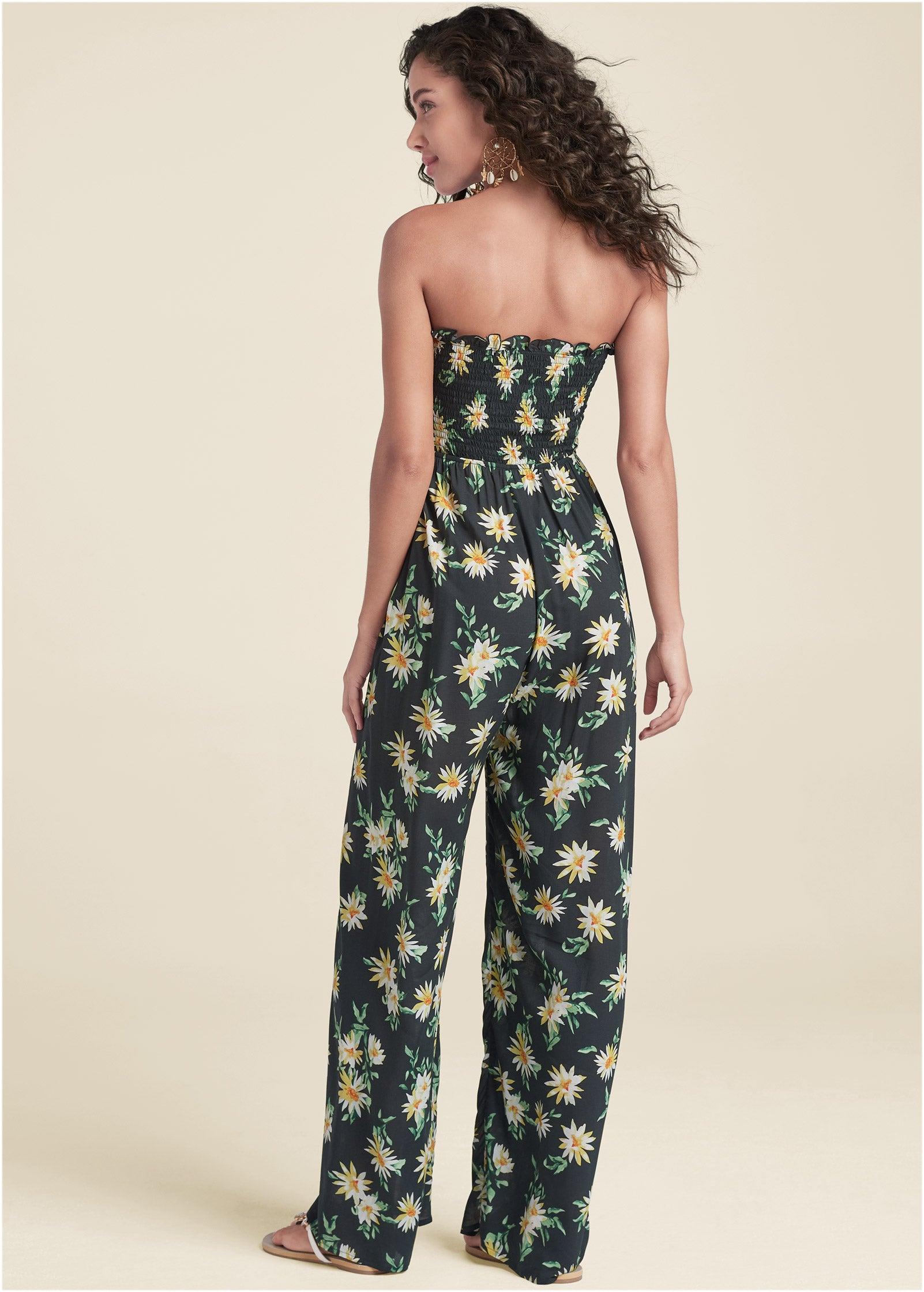 Floral Strapless Jumpsuit - Black & Yellow Product Image