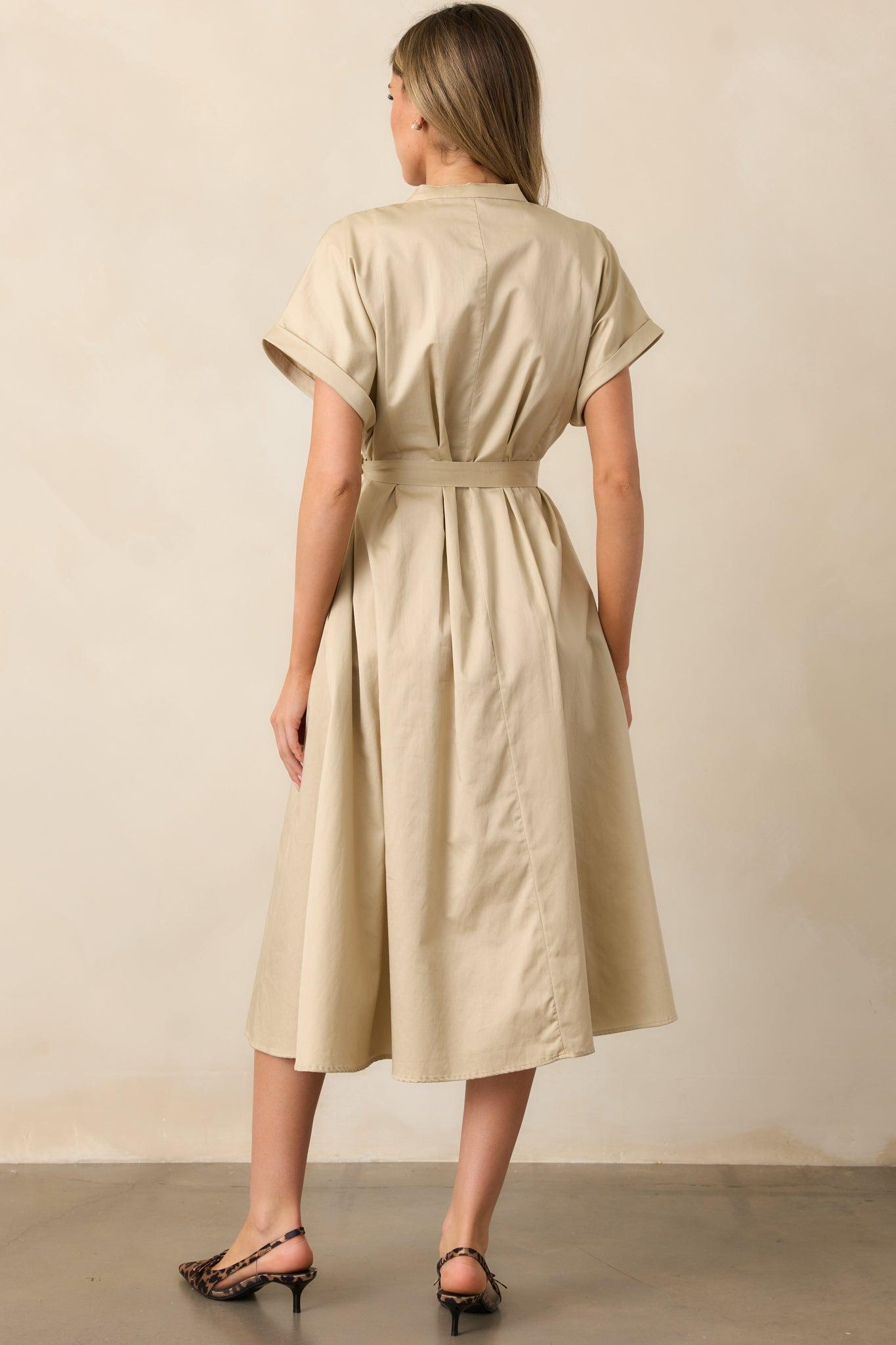 Late Nights Beige Cotton Button Front Midi Dress Product Image
