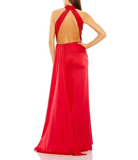 Mac Duggal Satin Halter Mock Neck Sleeveless Side Ruched Gown Product Image
